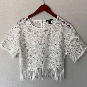 Forever21 white lace floral tassel top